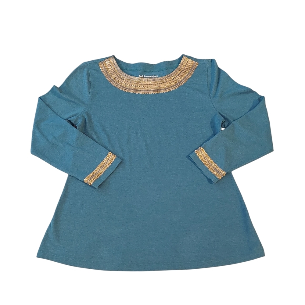 Soft Surroundings Women's Blue 3/4 Sleeve Shirt with Gold Trim Size S